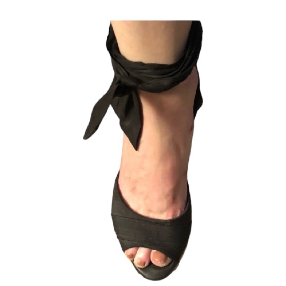 UGG size 10 black platform shantung silk ankle wrap wedge tried on never worn